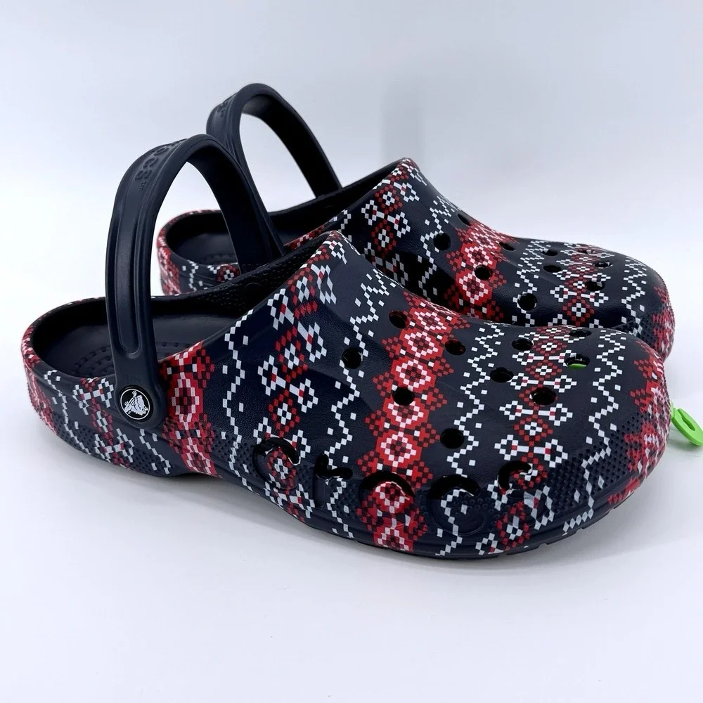 Crocs Baya Holiday Graphic Clog Mens Size 10 Navy Blue Fair‎ Isle Comfy Gift NWT